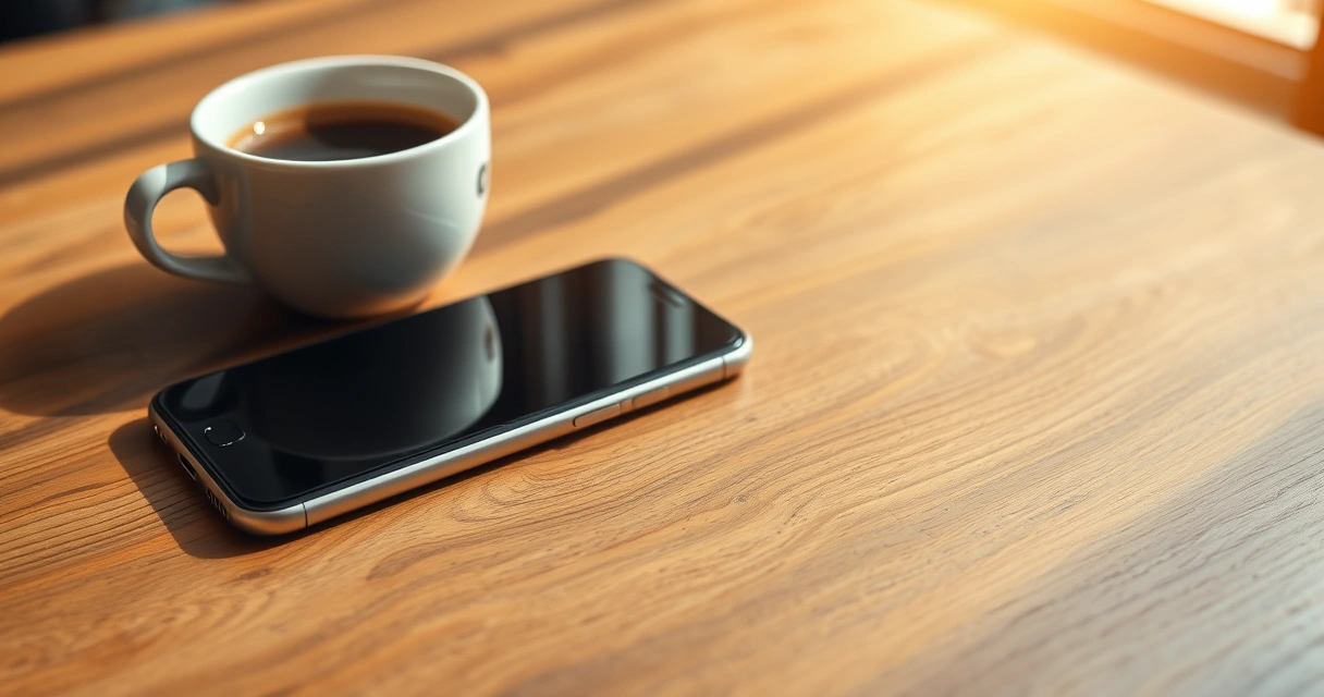 Celular sobre uma mesa de madeira, ao lado de uma xícara de café