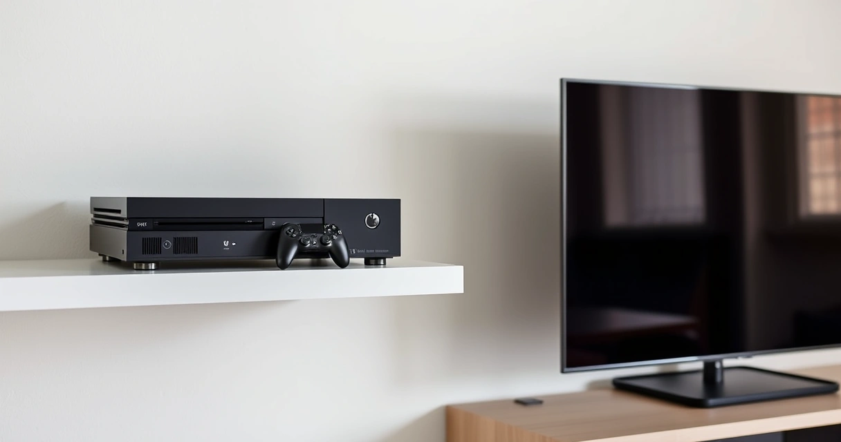 Console de videogame numa estante, ao lado da televisão