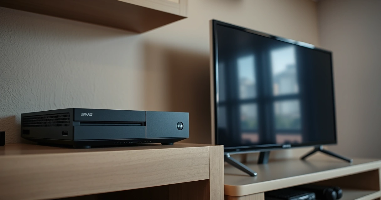 Console de videogame numa estante, ao lado da televisão