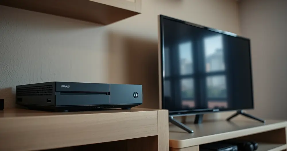 Console de videogame numa estante, ao lado da televisão