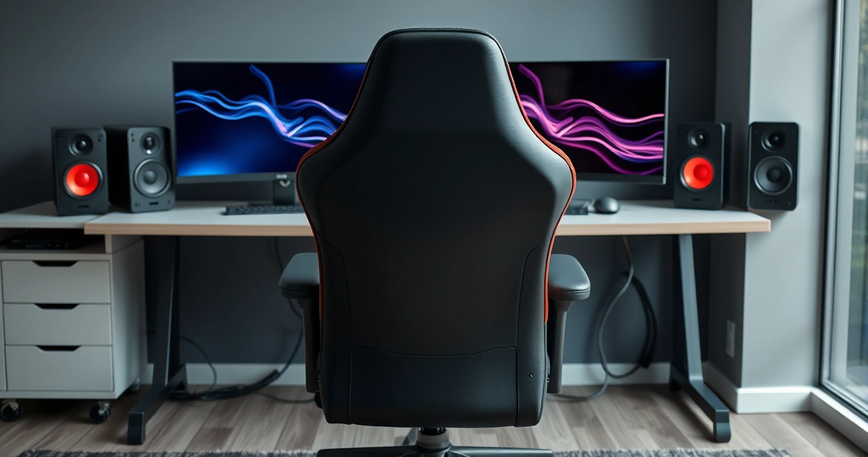 Cadeira gamer diante de uma mesa com dois monitores