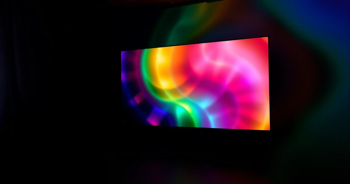 Monitor grande aceso num quarto escuro, com luz colorida