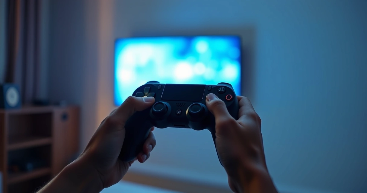 Mãos segurando um controle de videogame, com o brilho da tela ao fundo