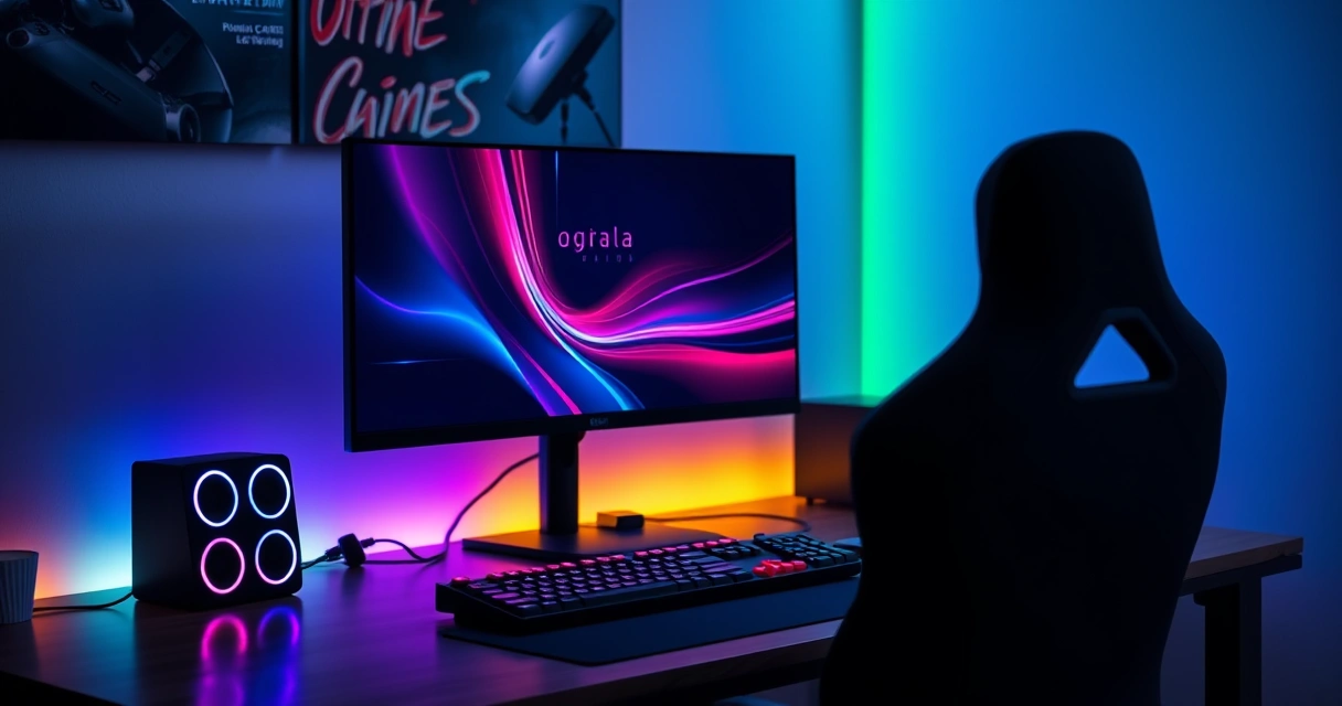 Mesa de jogo com monitor, teclado e iluminação colorida