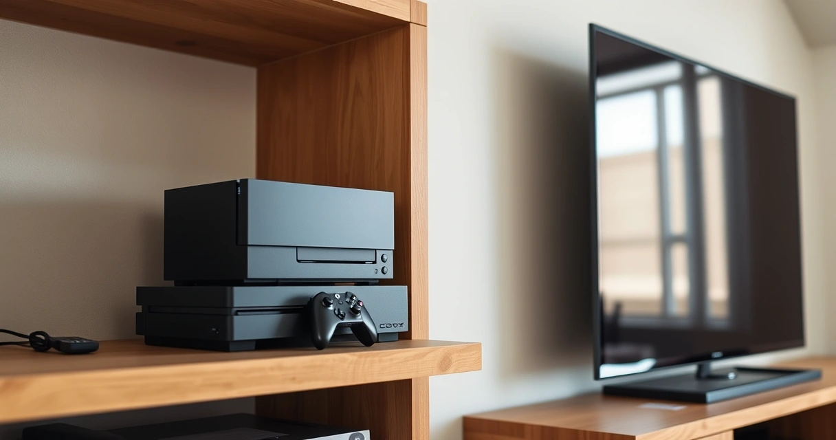 Console de videogame numa estante, ao lado da televisão
