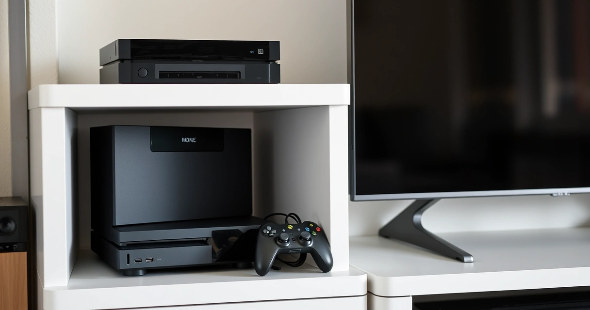 Console de videogame numa estante, ao lado da televisão