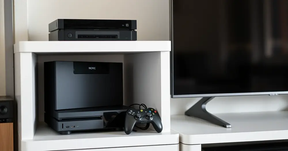 Console de videogame numa estante, ao lado da televisão