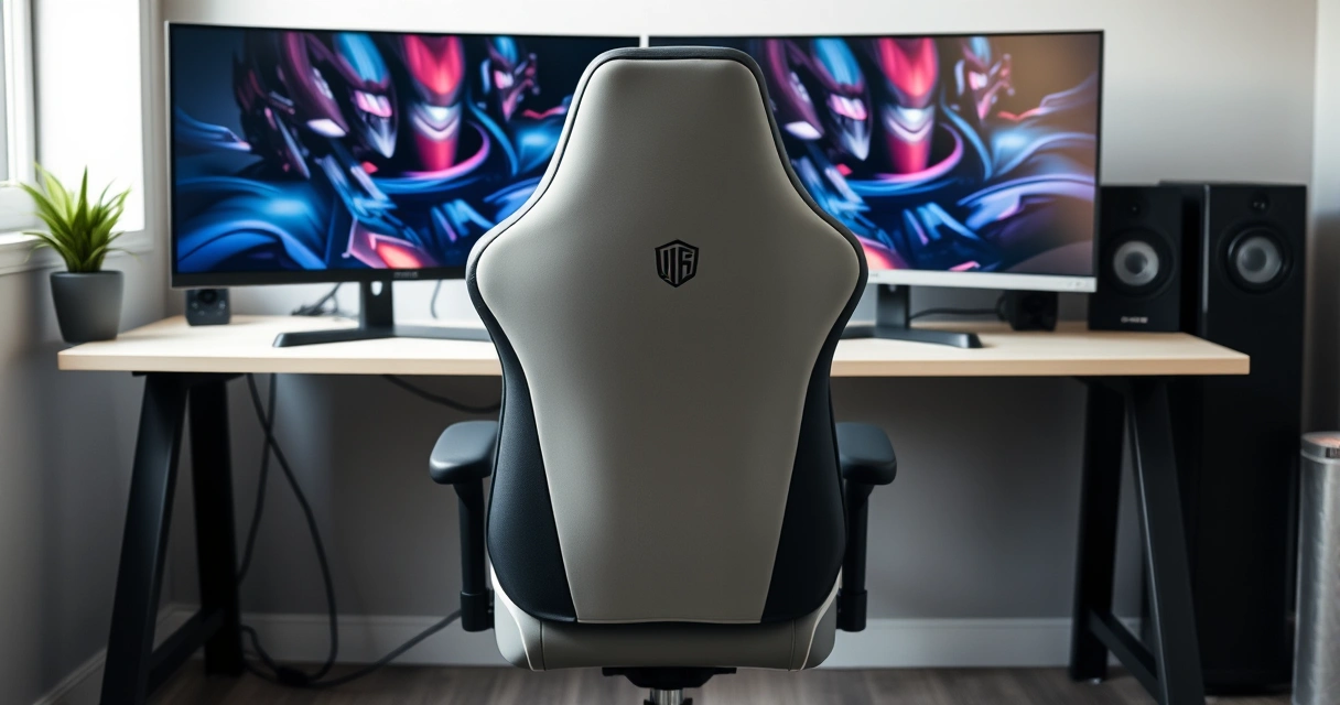 Cadeira gamer diante de uma mesa com dois monitores