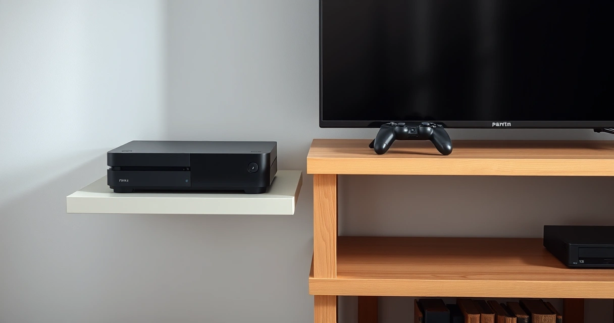Console de videogame numa estante, ao lado da televisão