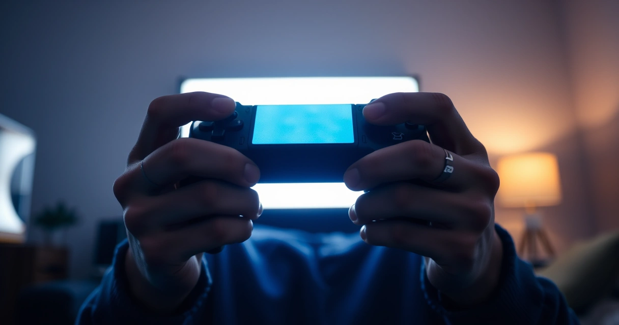 Mãos segurando um controle de videogame, com o brilho da tela ao fundo