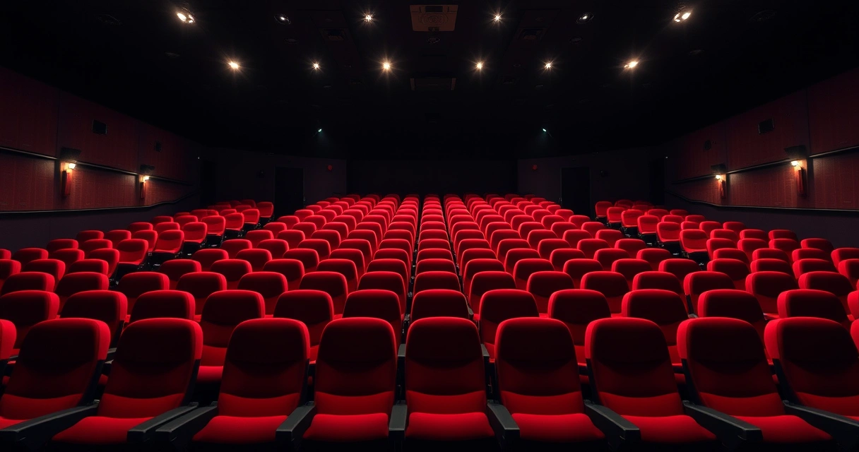 Sala de cinema vazia, com poltronas vermelhas e luz baixa