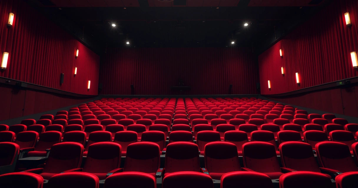 Sala de cinema vazia, com poltronas vermelhas e luz baixa