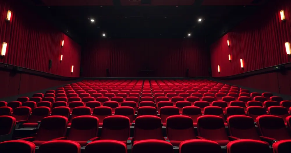 Sala de cinema vazia, com poltronas vermelhas e luz baixa
