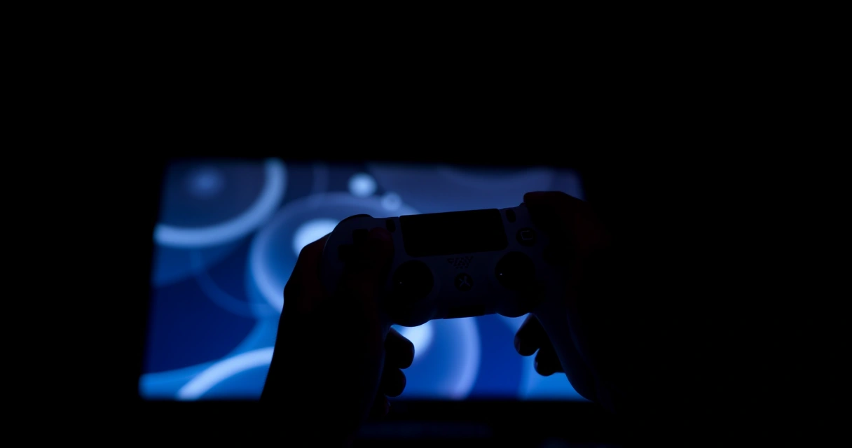 Mãos segurando um controle de videogame num ambiente escuro