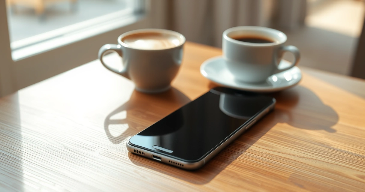 Celular sobre uma mesa de madeira, ao lado de uma xícara de café