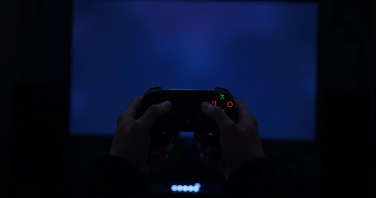 Mãos segurando um controle de videogame num ambiente escuro