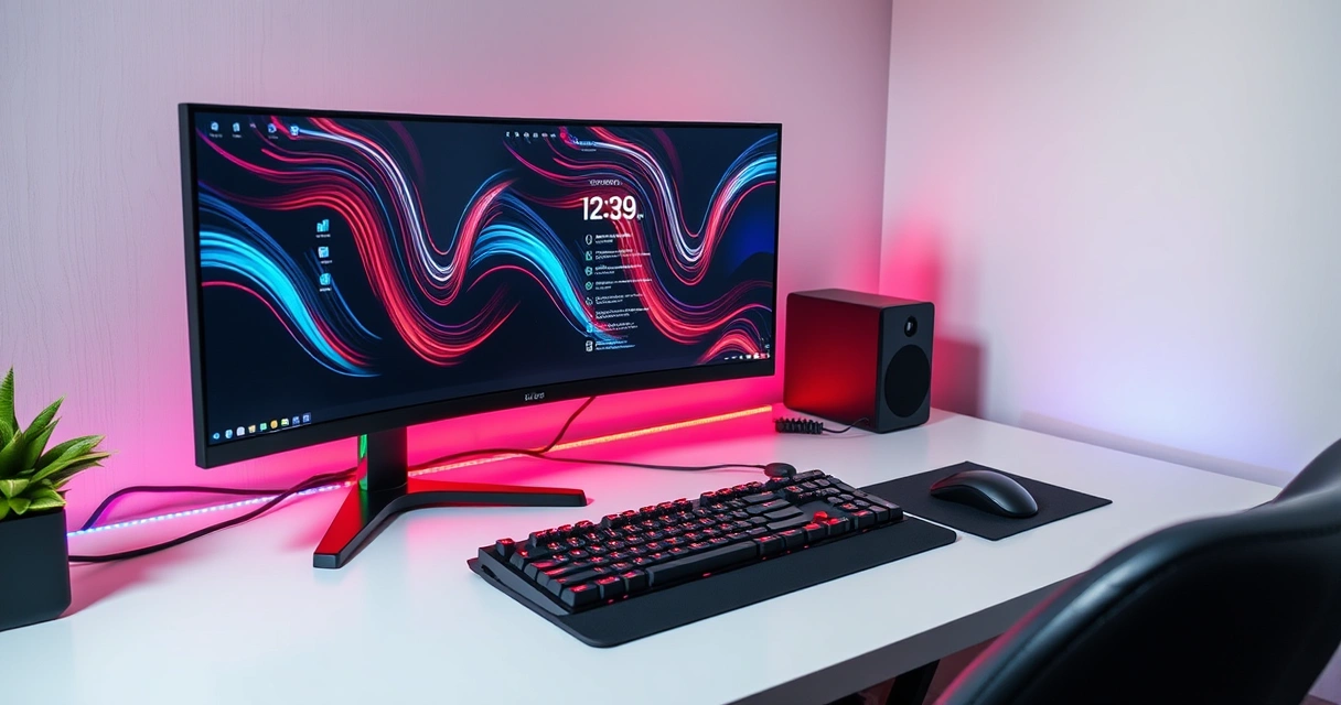 Mesa de jogo com monitor, teclado e iluminação colorida
