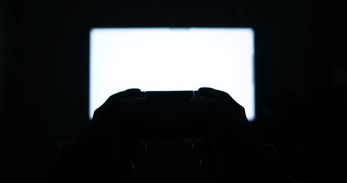 Mãos segurando um controle de videogame num ambiente escuro