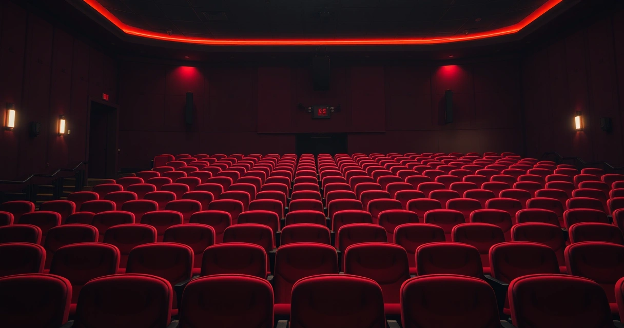 Sala de cinema vazia, com poltronas vermelhas e luz baixa