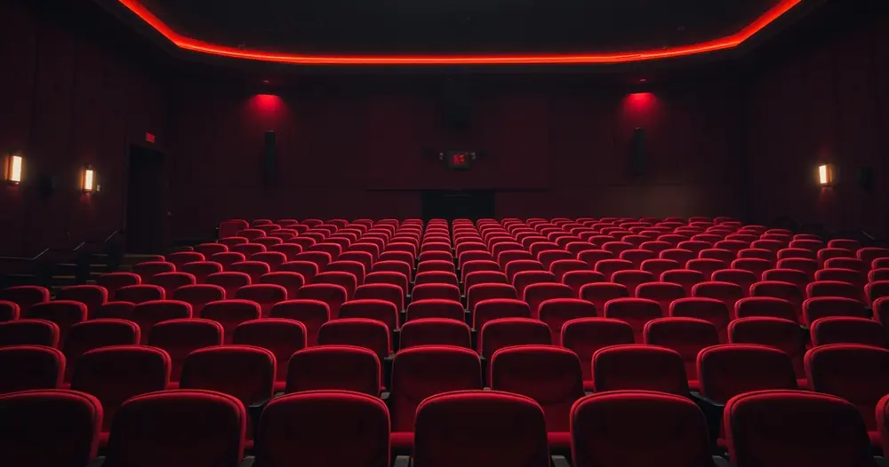 Sala de cinema vazia, com poltronas vermelhas e luz baixa