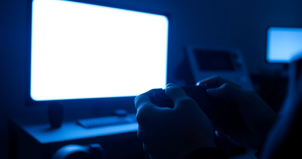 Mãos segurando um controle de videogame num ambiente escuro