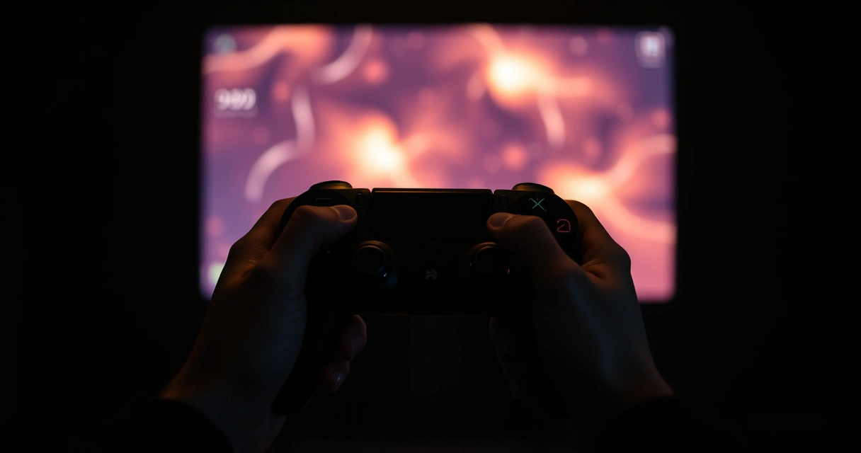 Mãos segurando um controle de videogame num ambiente escuro