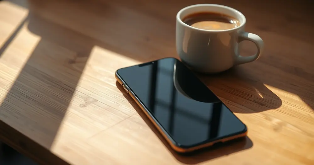 Celular sobre uma mesa de madeira, ao lado de uma xícara de café