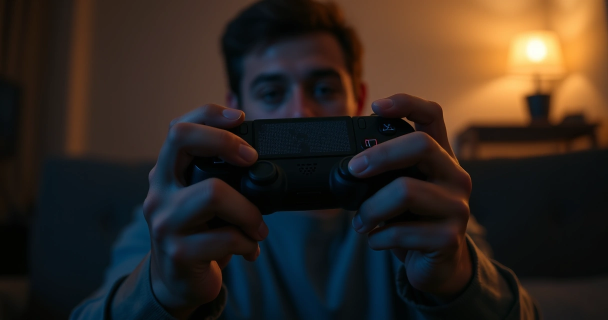 Mãos segurando um controle de videogame, com o brilho da tela ao fundo