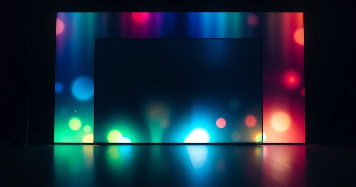 Monitor grande aceso num quarto escuro, com luz colorida