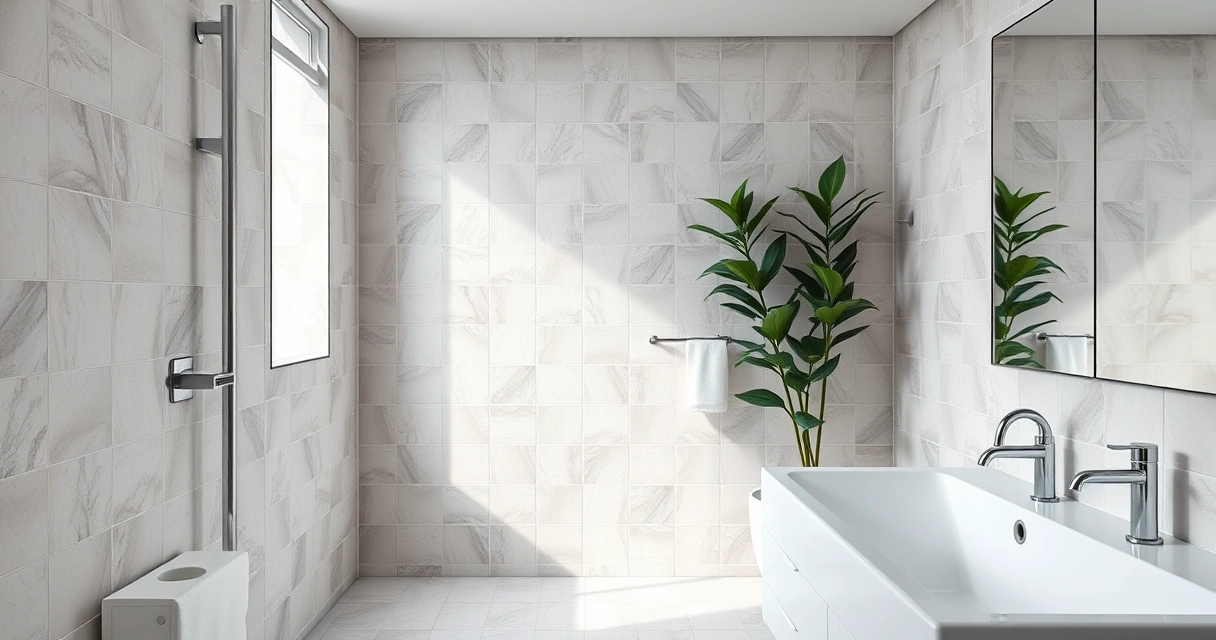 Banheiro moderno e limpo, com azulejos e uma planta