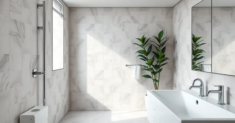 Banheiro moderno e limpo, com azulejos e uma planta