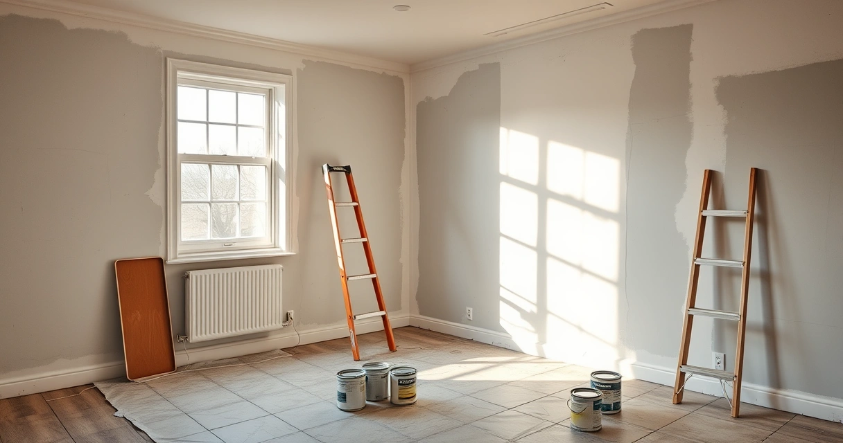Cômodo em reforma, com escada e latas de tinta