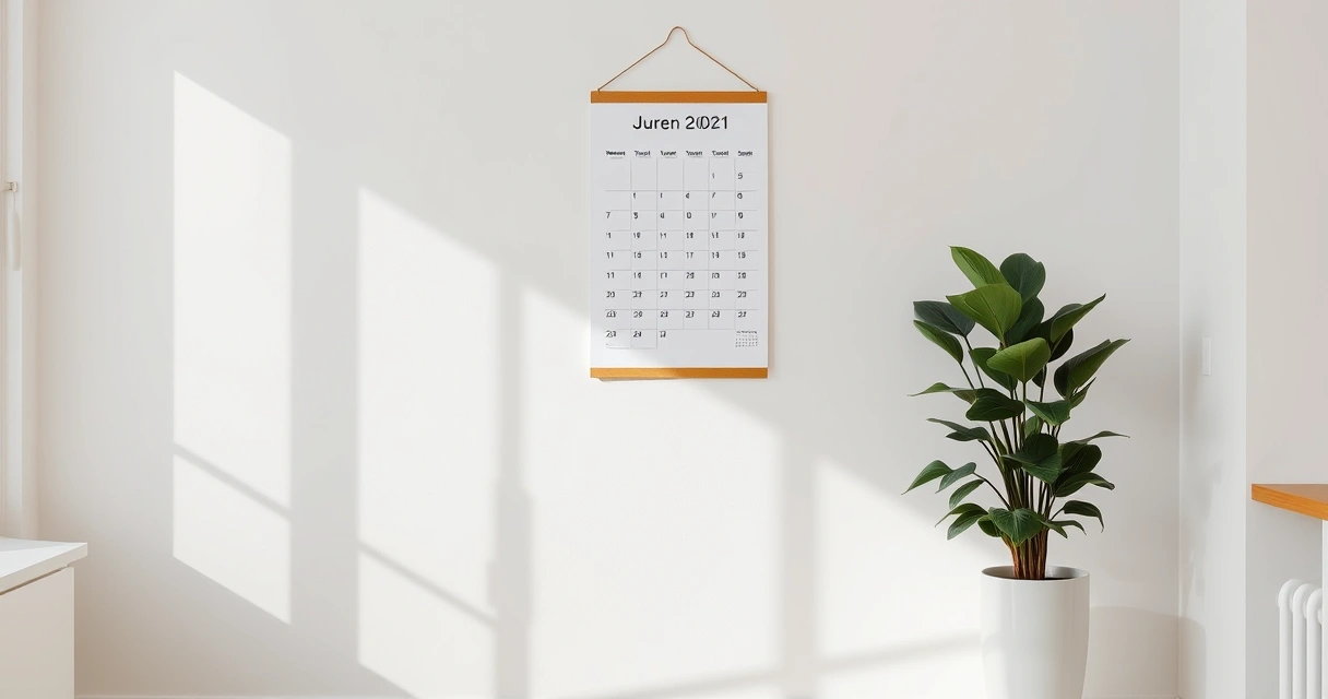 Calendário de parede e um vaso de planta no canto de uma sala