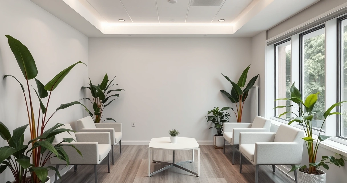 Sala de espera de consultório, com plantas e luz suave