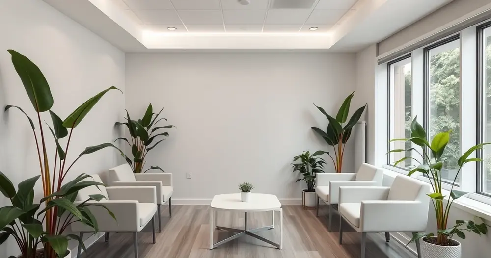 Sala de espera de consultório, com plantas e luz suave