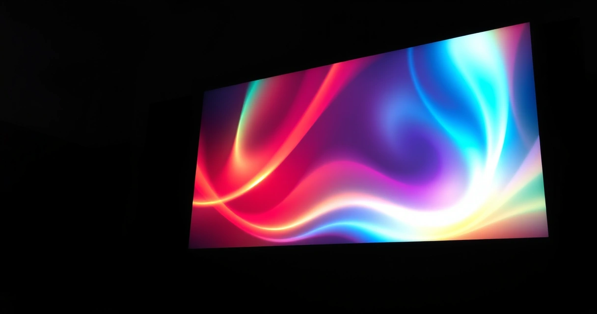 Monitor grande aceso num quarto escuro, com luz colorida