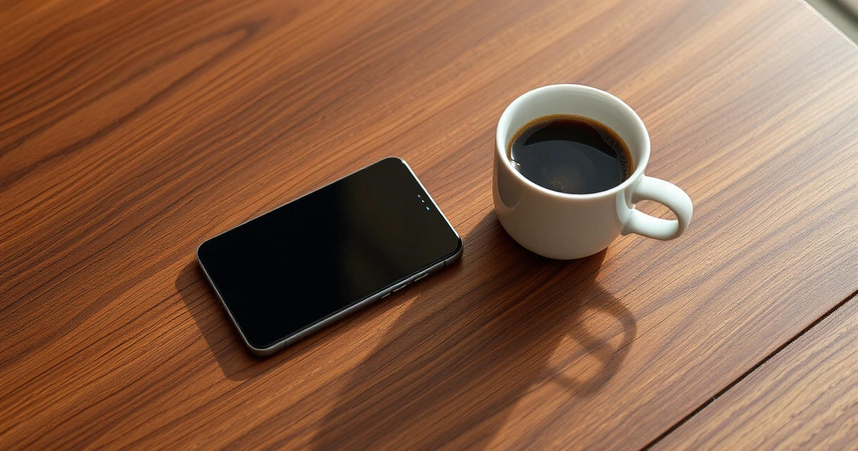 Celular sobre uma mesa de madeira, ao lado de uma xícara de café
