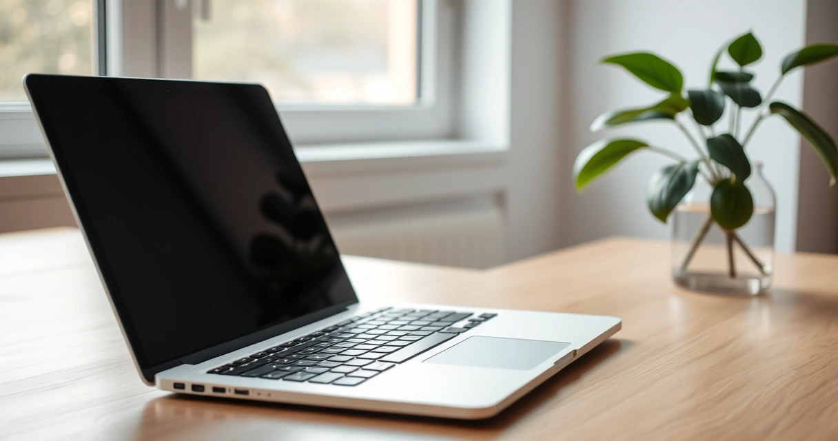 Notebook aberto sobre a mesa, com uma planta ao lado