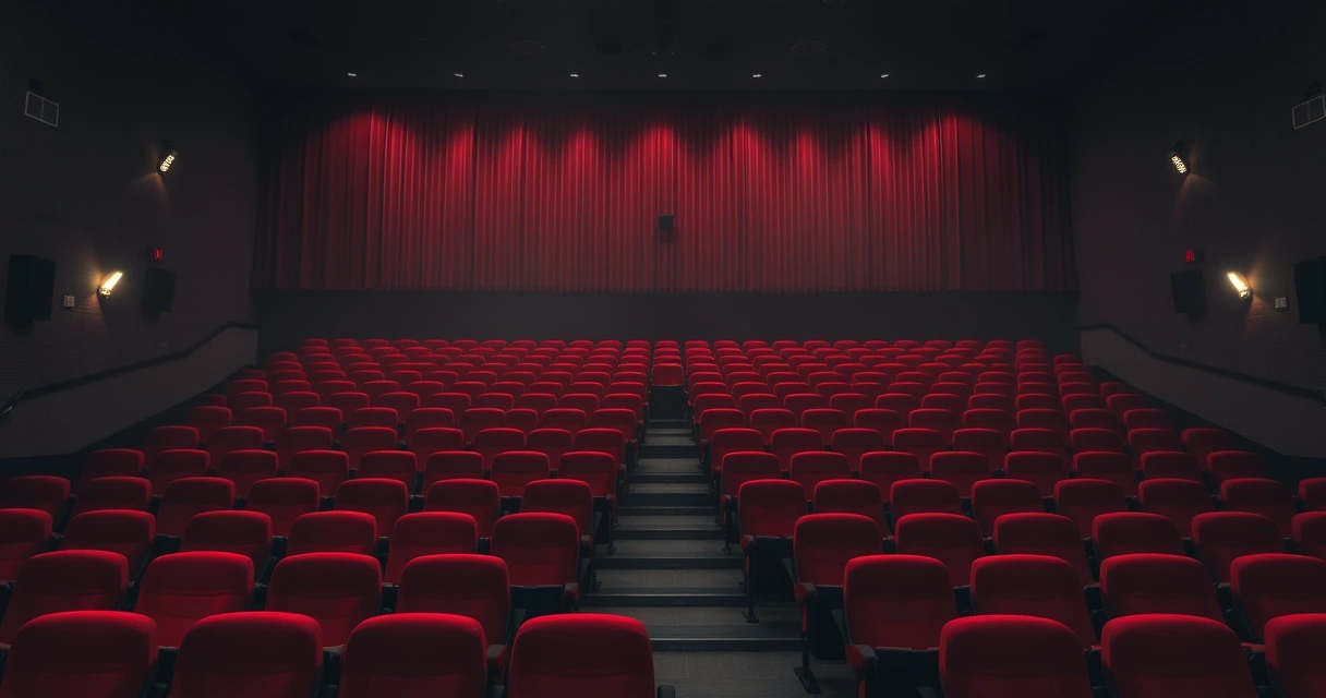 Sala de cinema vazia, com poltronas vermelhas e luz baixa