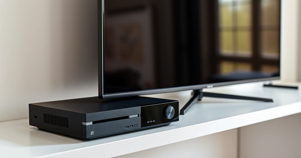 Console de videogame numa estante, ao lado da televisão