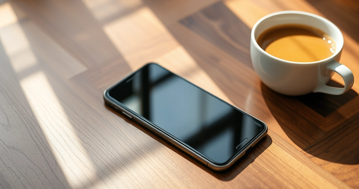 Celular sobre uma mesa de madeira, ao lado de uma xícara de café