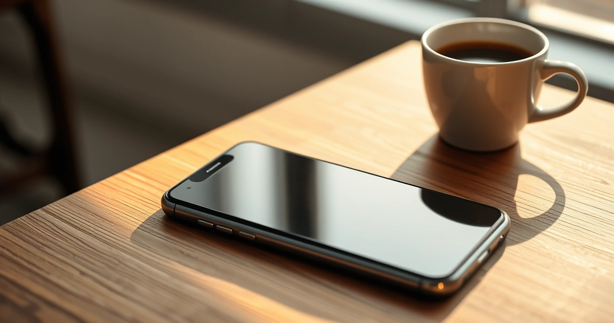 Celular sobre uma mesa de madeira, ao lado de uma xícara de café