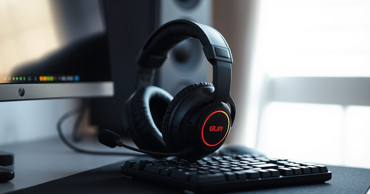Headset gamer sobre a mesa, ao lado do teclado