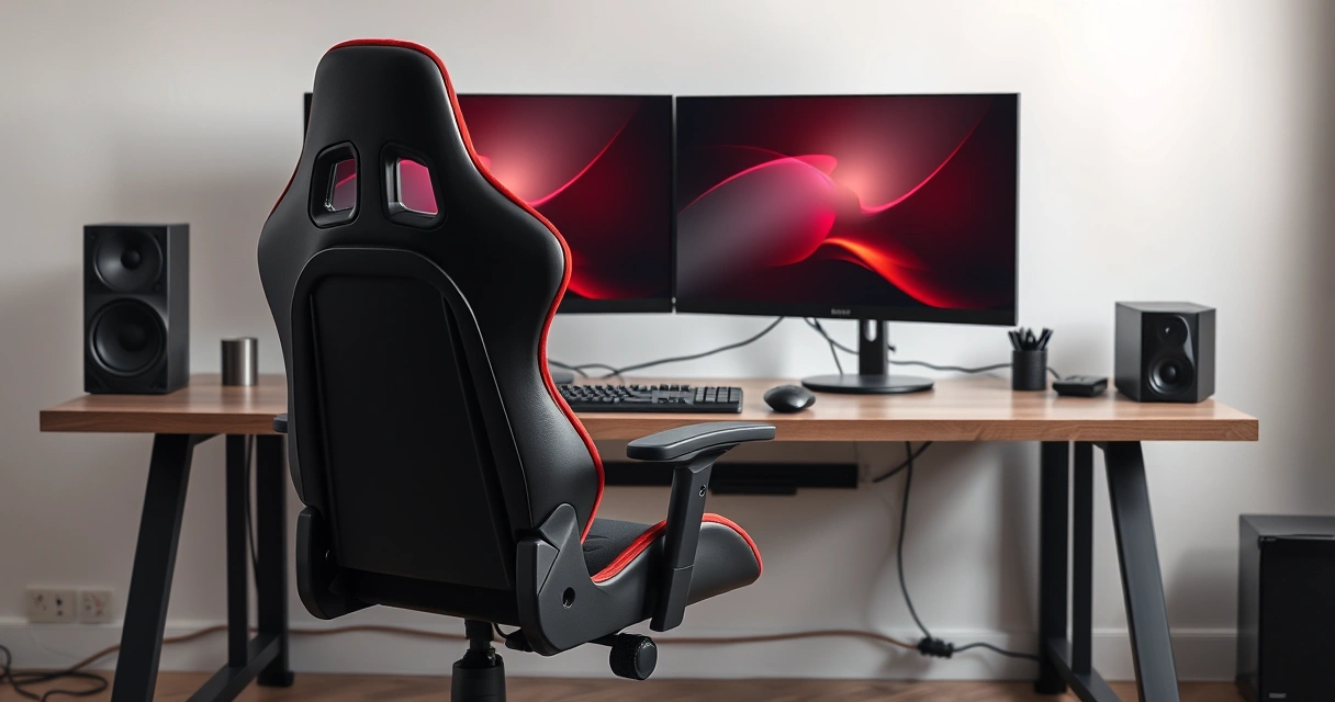 Cadeira gamer diante de uma mesa com dois monitores