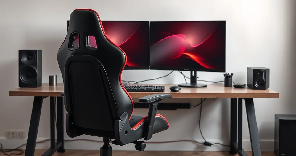 Cadeira gamer diante de uma mesa com dois monitores
