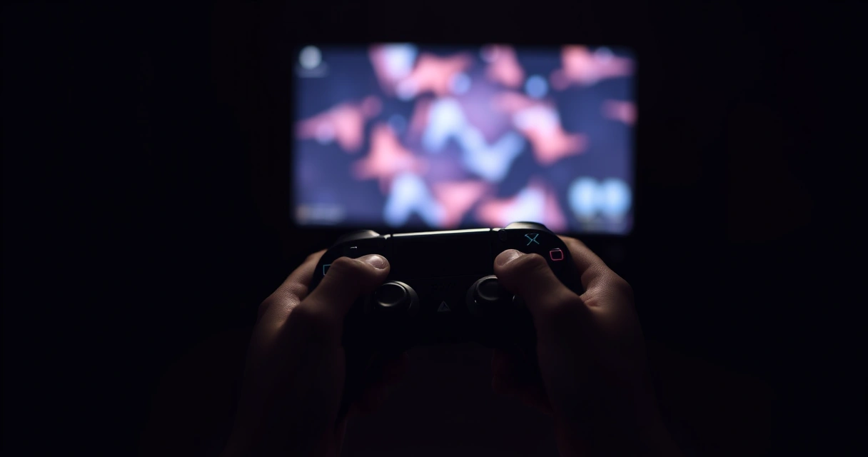 Mãos segurando um controle de videogame num ambiente escuro