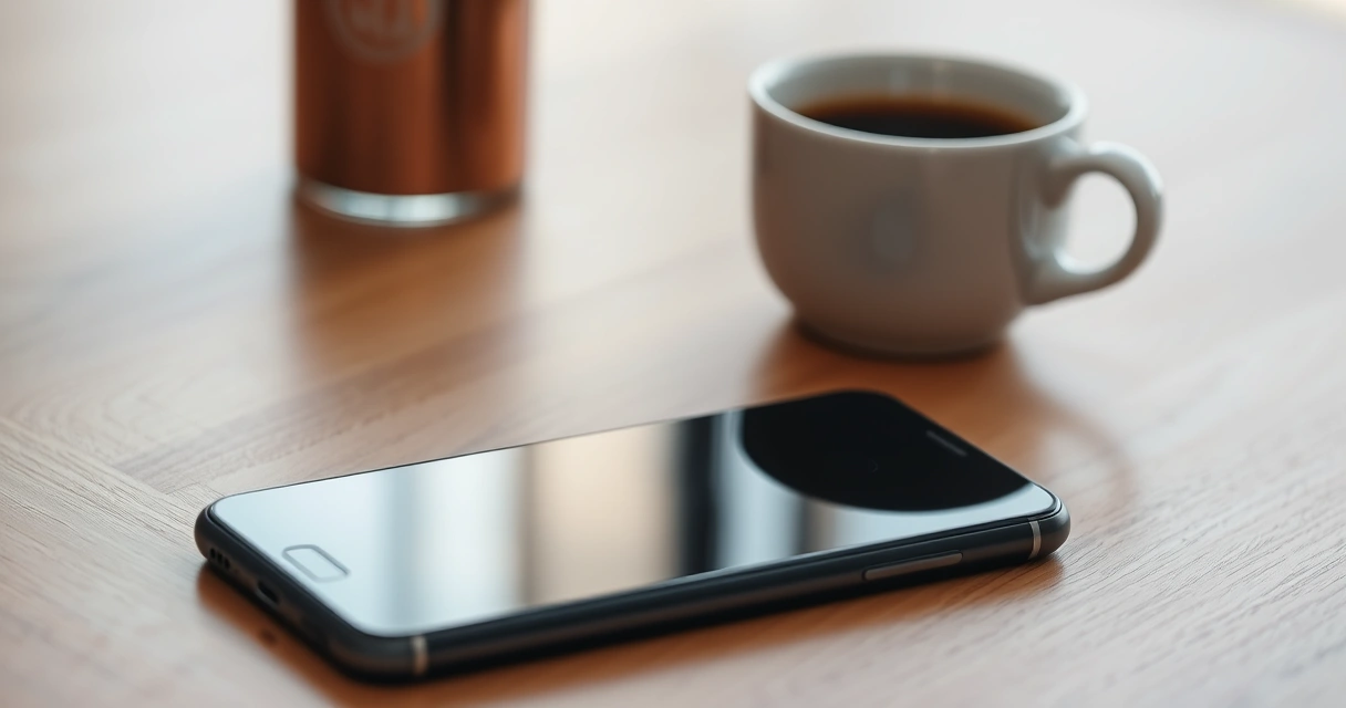 Celular sobre uma mesa de madeira, ao lado de uma xícara de café