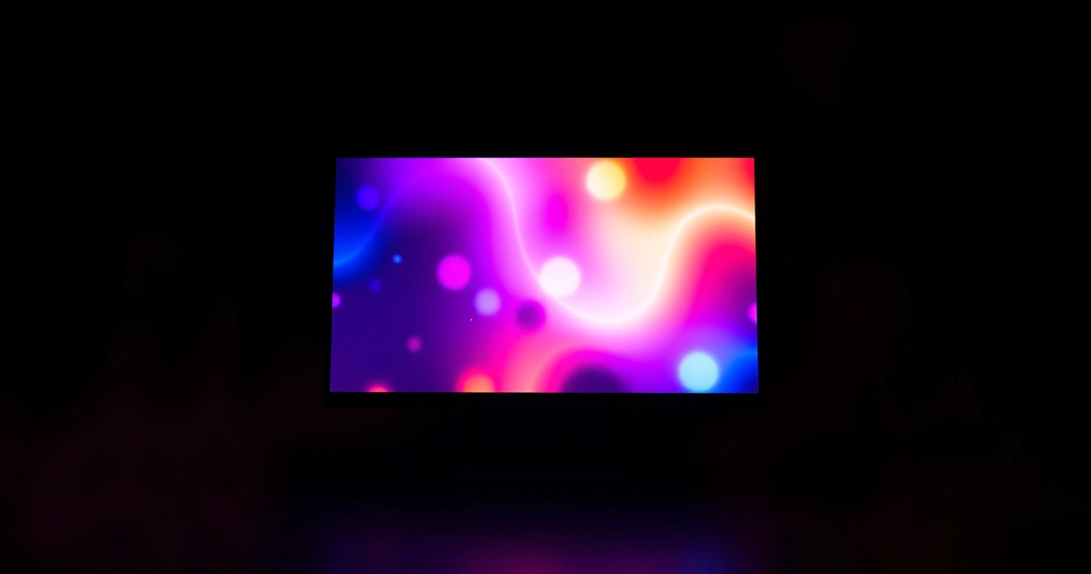 Monitor grande aceso num quarto escuro, com luz colorida