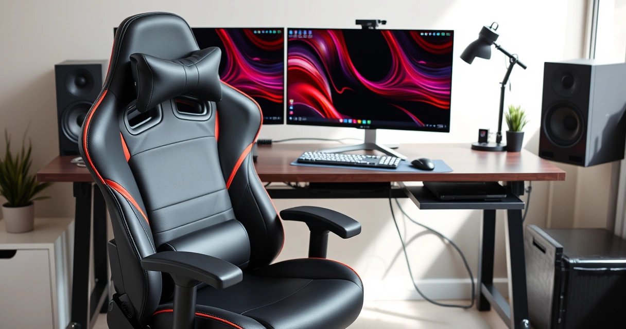Cadeira gamer diante de uma mesa com dois monitores
