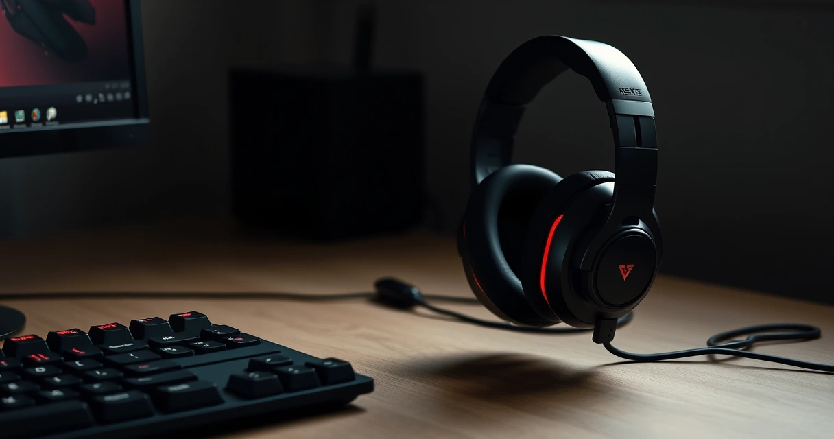 Headset gamer sobre a mesa, ao lado do teclado